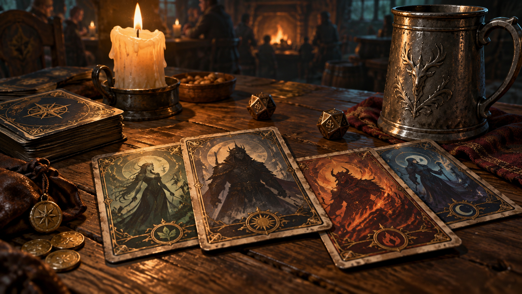 Ornate fantasy cards, dice, and a pewter mug on a candlelit tavern table.